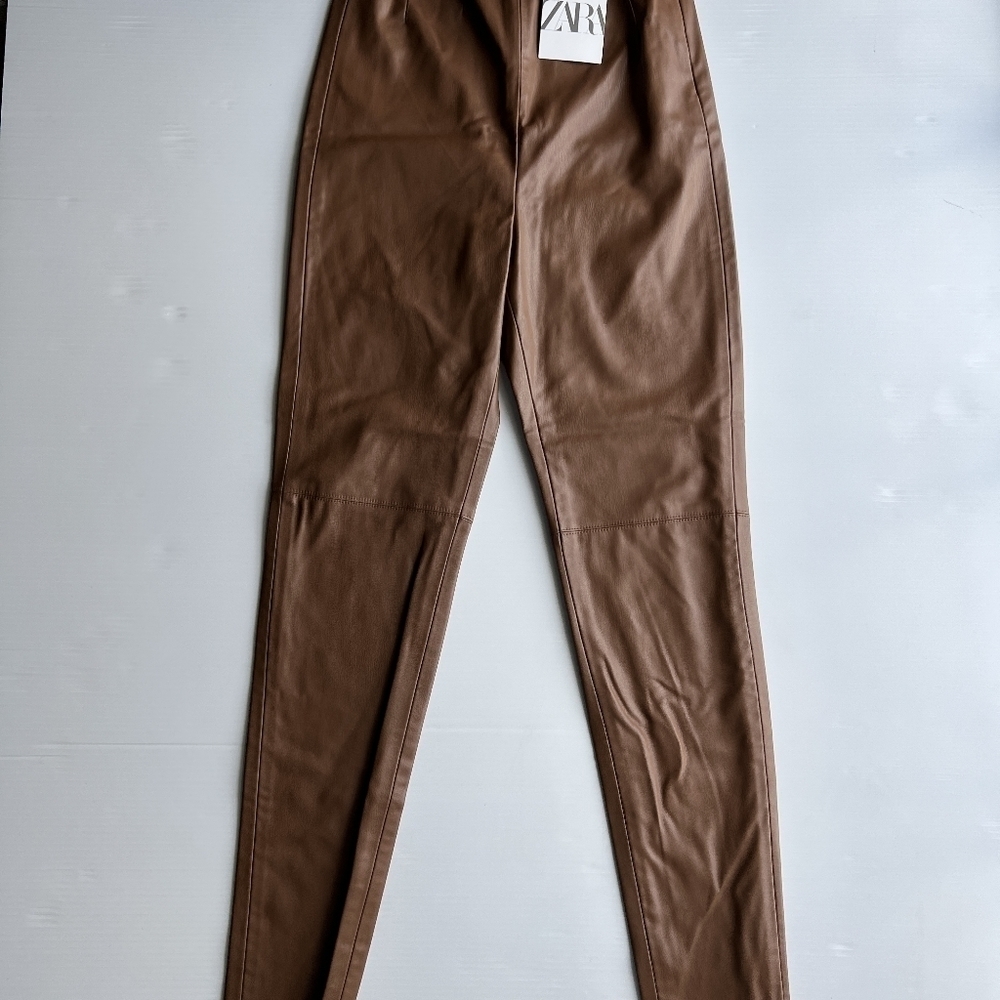 Zara Women's High-Waisted Faux Leather Leggings Leather Brown 8372 236